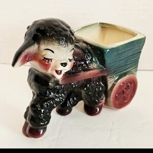 Vintage Art Pottery Black Lamb Pulling Cart Planter Figurine
